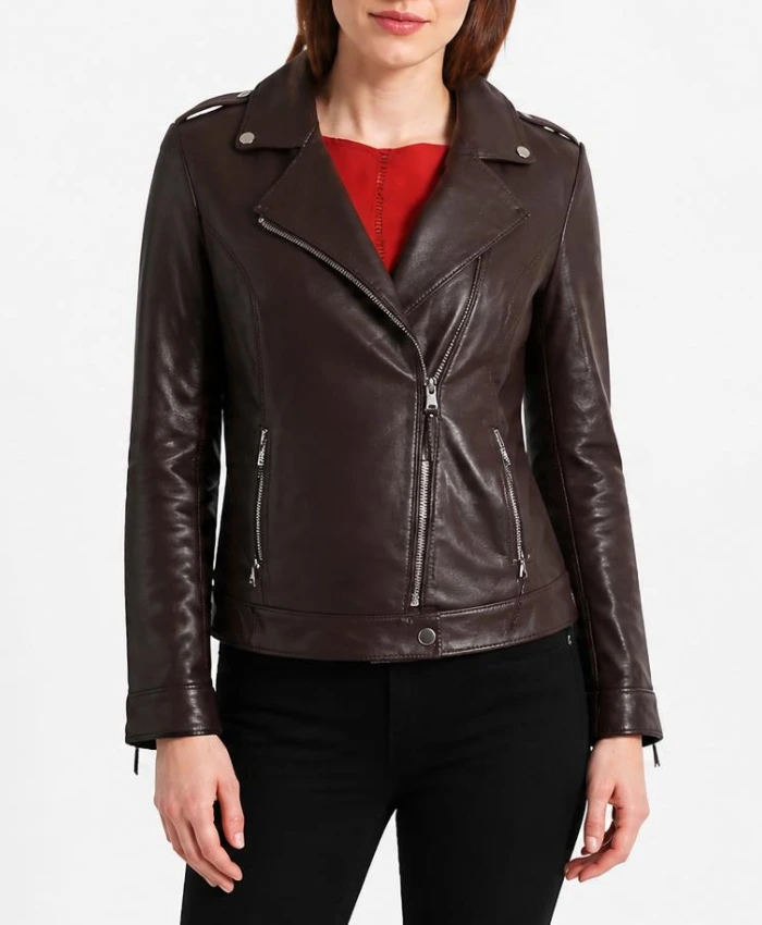 Women Slim Fit Motorcycle Brown Leather Jacket