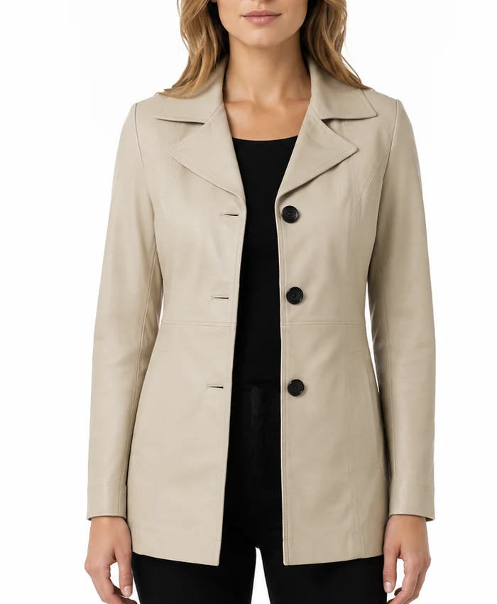 Women Stclair Lapel Collar Beige Leather Mid-length Blazer