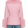 Women Winter Fur Collar Pink Leather Jacket