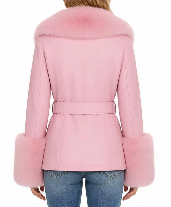 Women Winter Fur Collar Pink Leather Jacket
