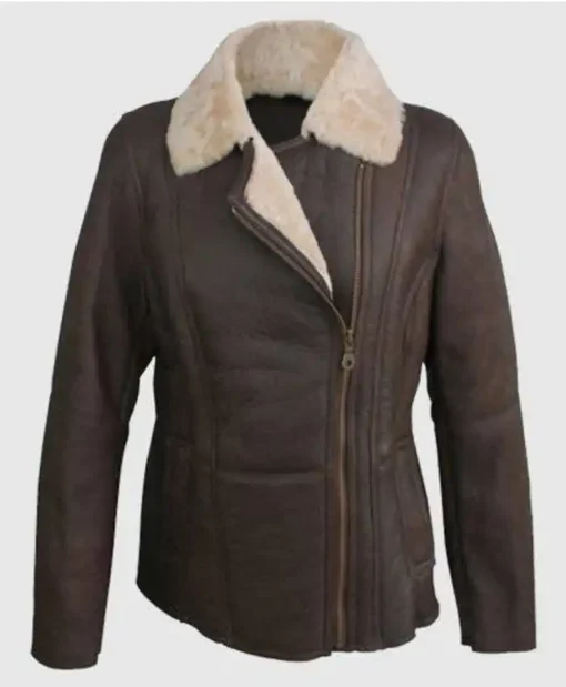 Womens Aviator Fur Collar Flight Leather Brown Coat