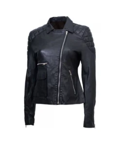 Women’s Black Quilted Shoulder Sheepskin Leather Jacket