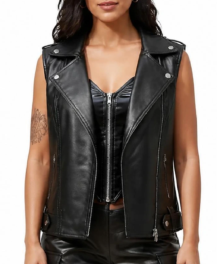 Womens Black Real Leather Biker Vest