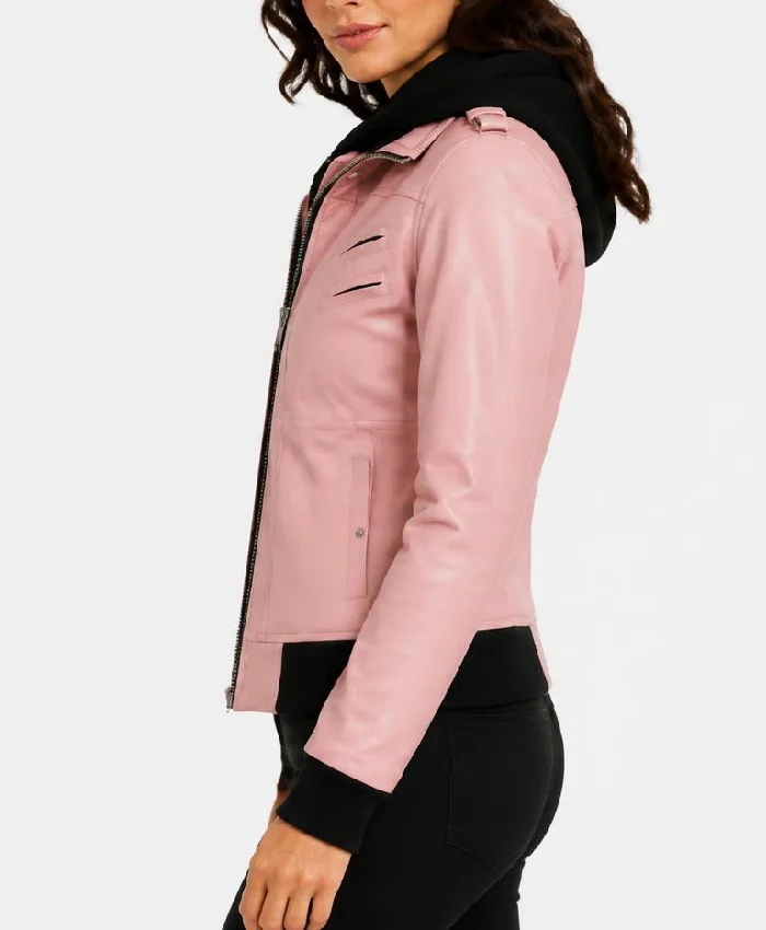 Womens Campbell Pink Bomber Leather Hooded Jacket