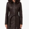 Women’s Fur Hooded Brown Dark Leather Coat