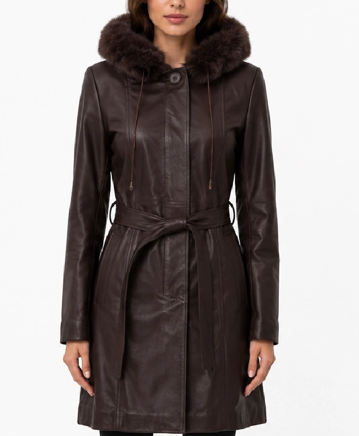 Women’s Fur Hooded Brown Dark Leather Coat