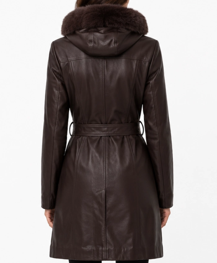 Womens Fur Brown Hooded Dark Leather Coat