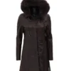 Women's Fur Hooded Dark Brown Leather Coat