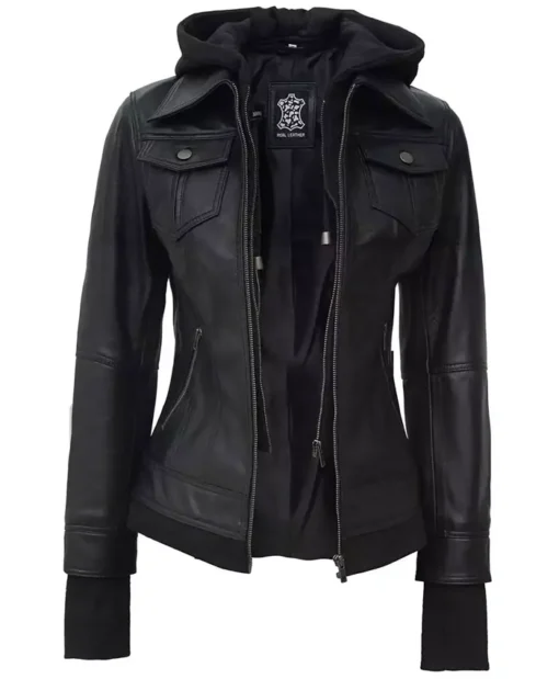 Womens Genuine Leather Hooded Slim Fit Jacket