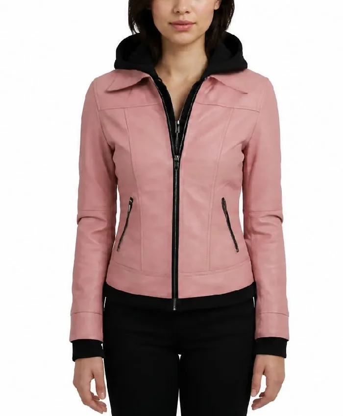 Womens Gerard Pink Bomber Leather Jacket With Removable Hood