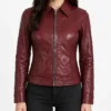 Womens Max C Shirt Collar Maroon Leather Jacket