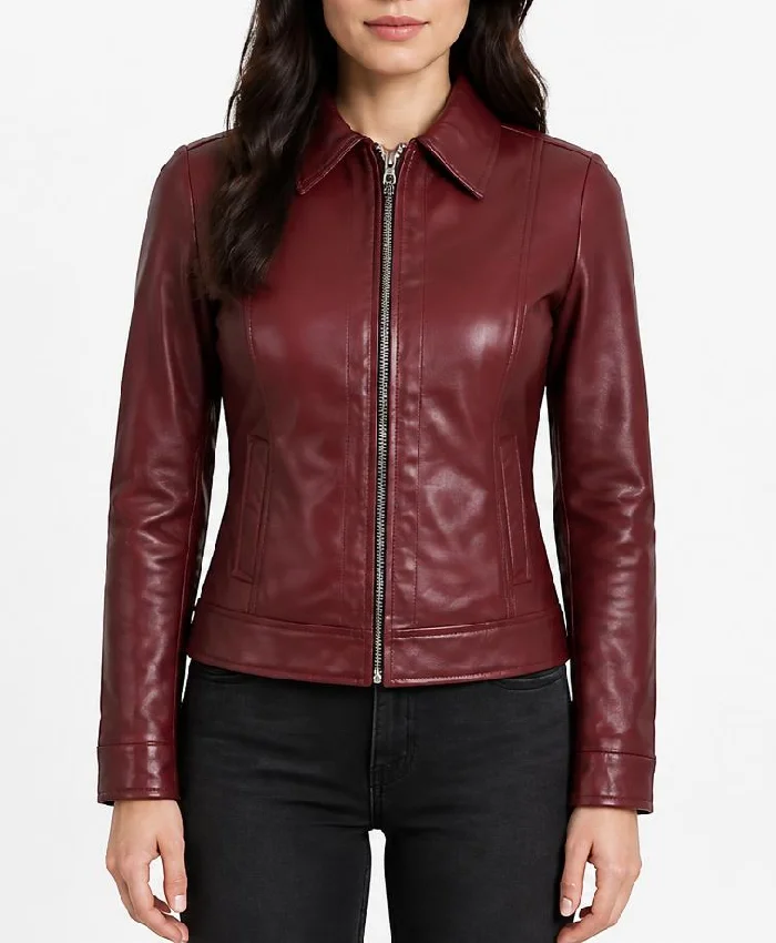 Womens Max C Shirt Collar Maroon Leather Jacket
