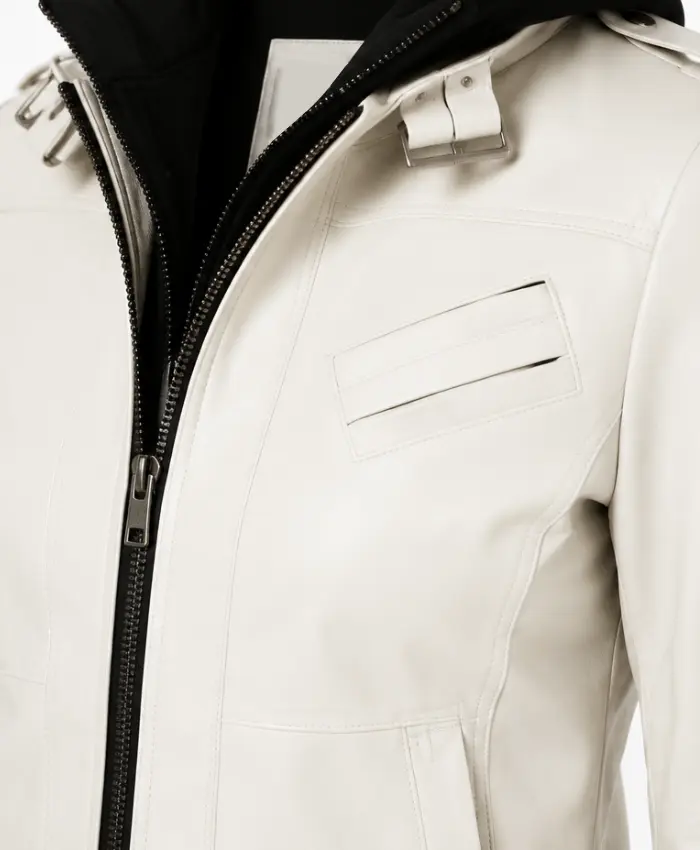 Womens Off-White Leather Jacket with Removable Hood