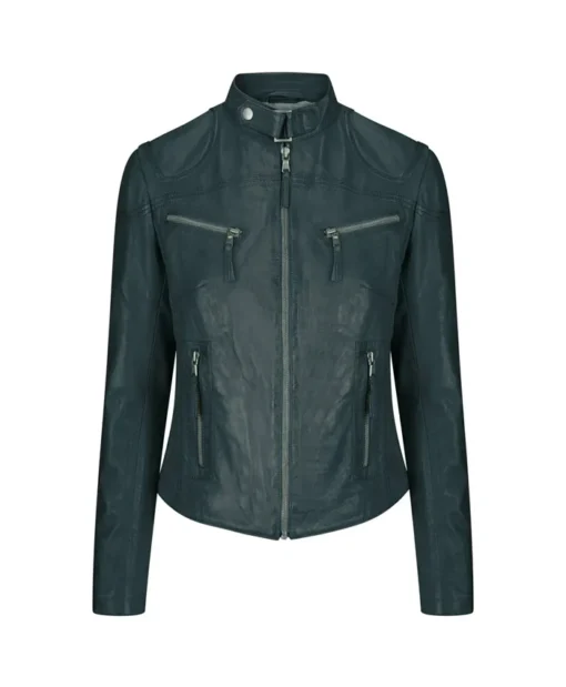 Womens Slim Fit Biker Green Genuine Leather Jacket