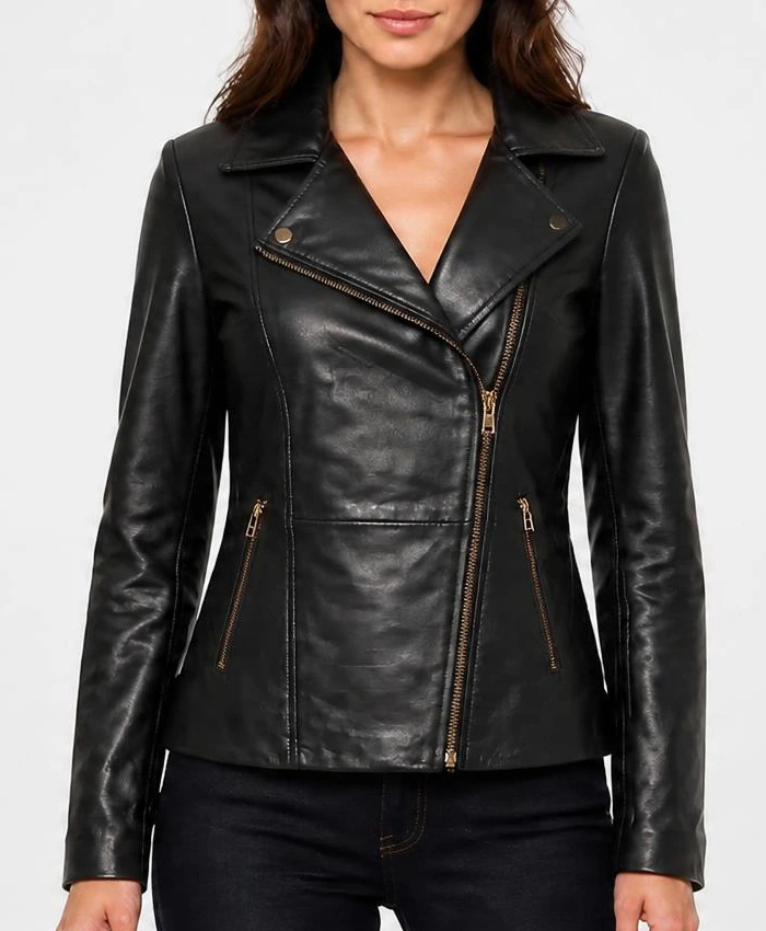 Womens Slim Fit Moto Biker Style Black Jacket