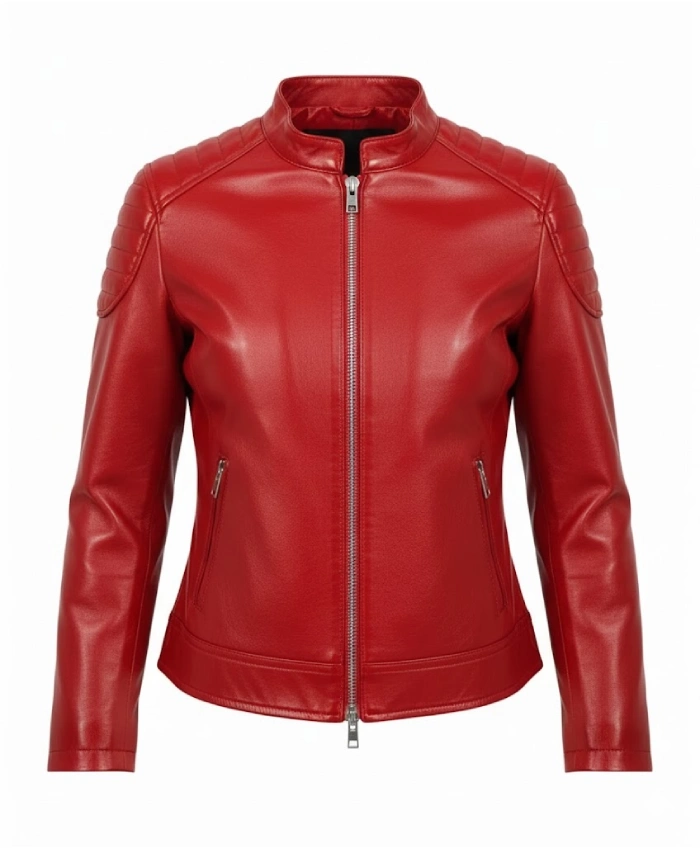 Slim Fit Red Biker Leather Jacket For Sale