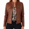 Womens Slim Fit Waxed Brown Real Leather Biker Jacket