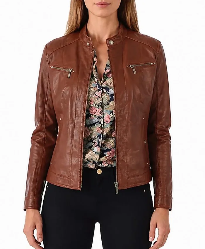 Womens Slim Fit Waxed Brown Real Leather Biker Jacket