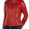 Women’s Snap Tab Collar Red Sheepskin Leather Jacket