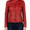Womens Snap Tab Collar Red Sheepskin Leather Jacket