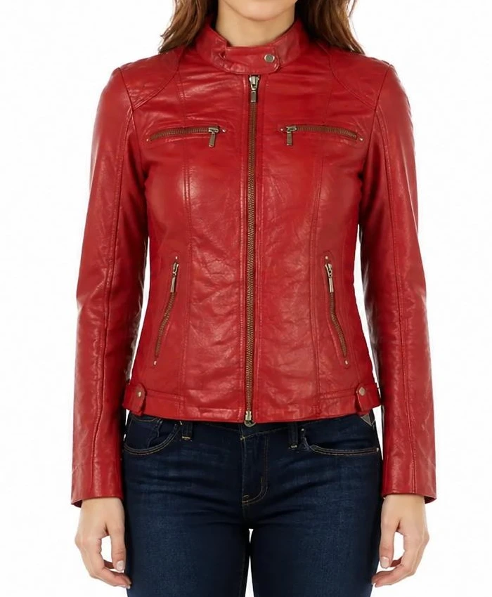 Womens Snap Tab Collar Red Sheepskin Leather Jacket