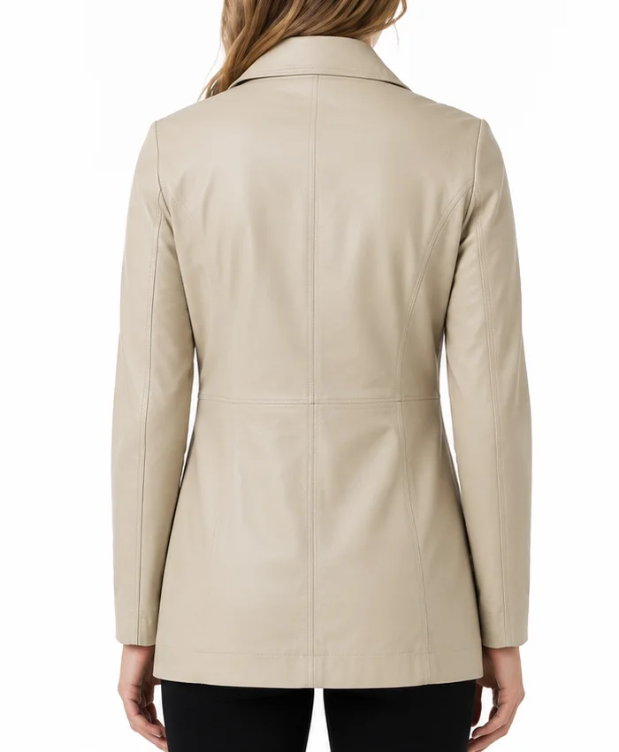 Womens Stclair Lapel Collar Beige Leather Mid-length Blazer