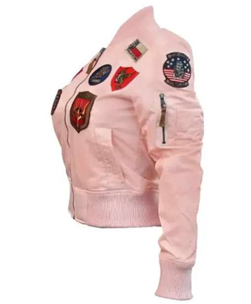 Womens Top Gun Cropped Light Pink Leather Bomber Jacket