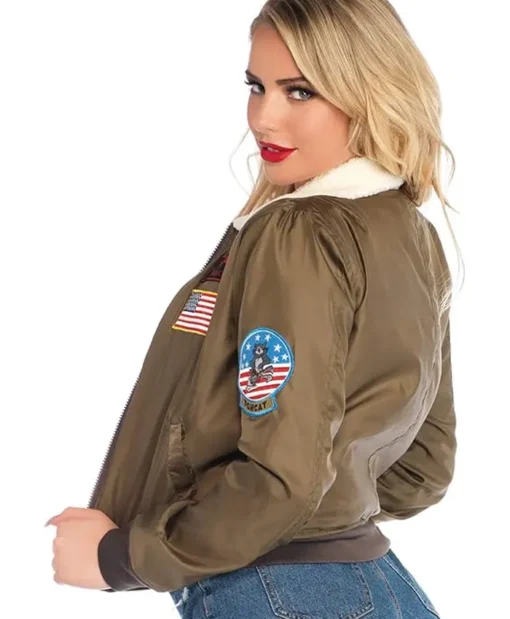 Womens Top Gun Satin Cropped Green Bomber Sherpa Jacket