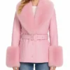 Womens Winter Fur Collar Pink Leather Jacket
