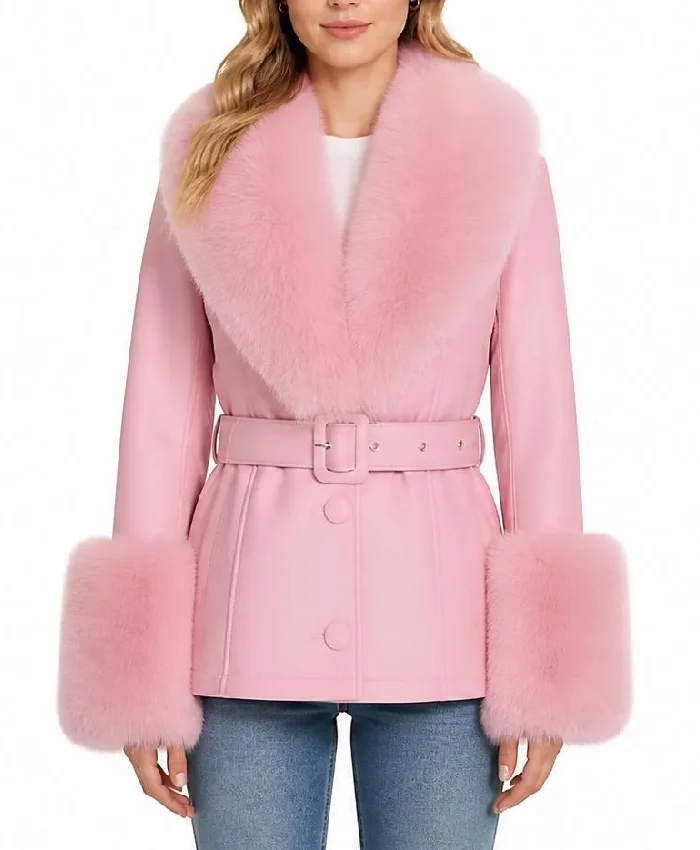 Womens Winter Fur Collar Pink Leather Jacket