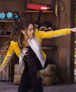 Adventure Comedy Movie Ride On 2023 Joey Yung Cropped Yellow Genuine Leather Jacket