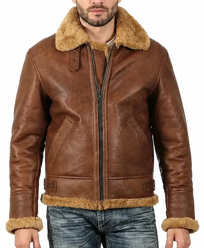 B-3 Aviator Shearling Fur Leather Brown Jacket