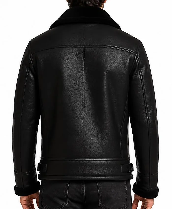 B-3 Aviator Shearling Fur Sheepskin Black Leather Jacket