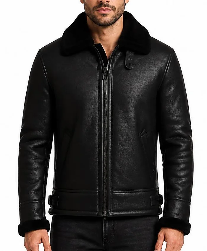 B-3 Aviator Shearling Fur Sheepskin Leather Black Jacket