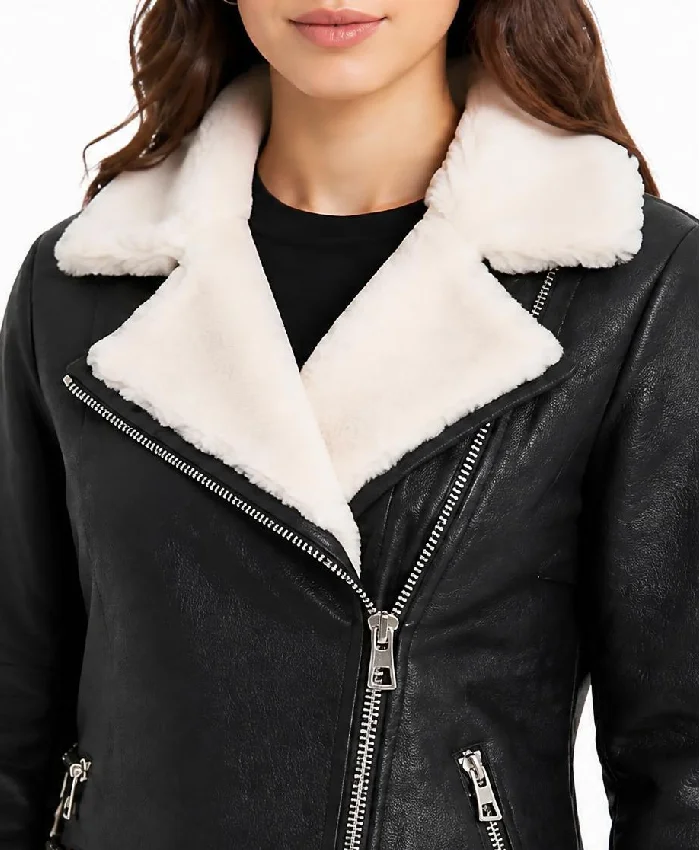 B-3 Black Motorcycle Shearling Leather Jacket Women