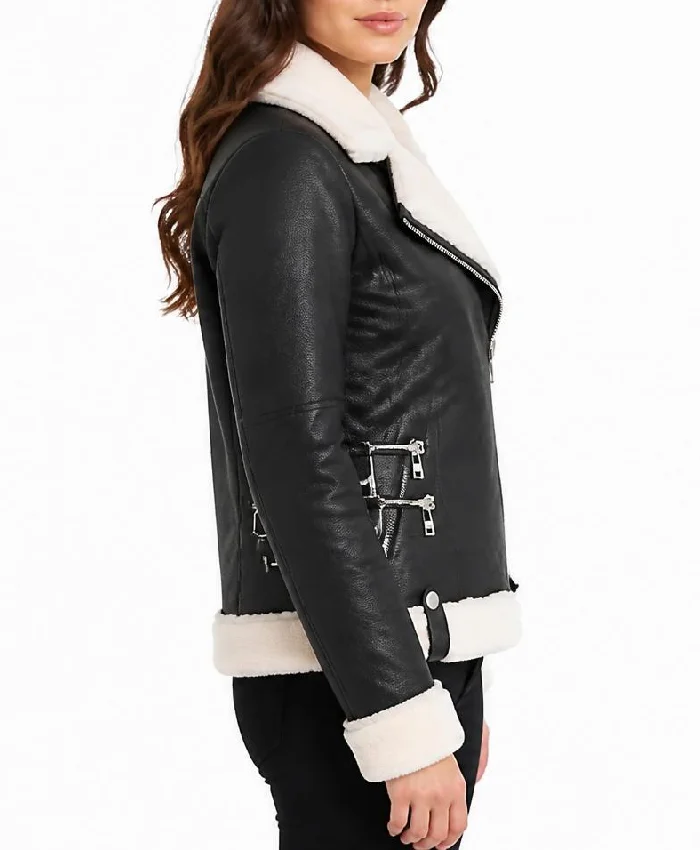 B-3 Black Motorcycle Shearling Leather Jacket Womens