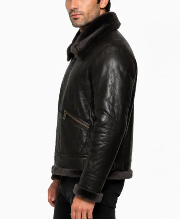 B-3 Black Shearling Fur Leather Jacket For Mens