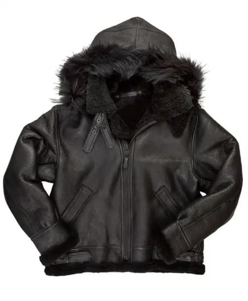 B-3 Black Sheepskin Hooded Jacket
