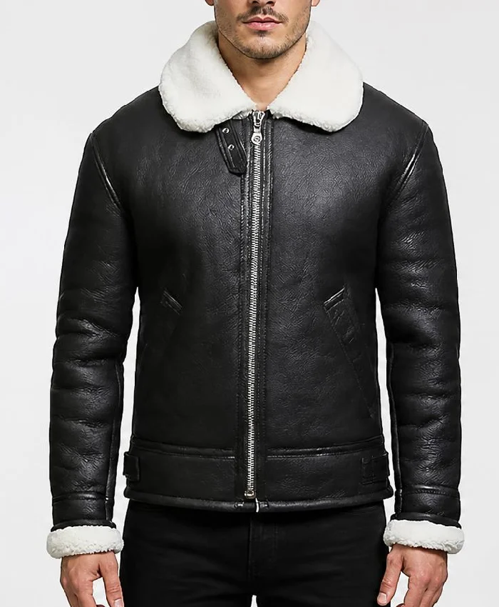 B-3 Flying Aviator Shearling Fur Sheepskin Leather Black Jacket