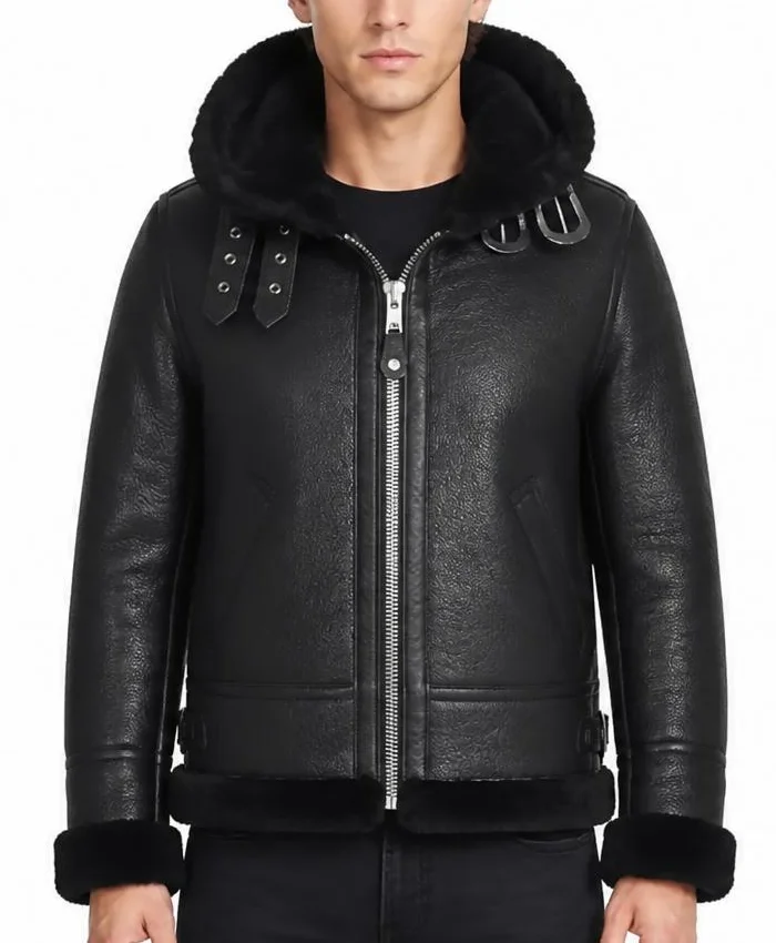 B-3 Hooded Leather Black Jacket