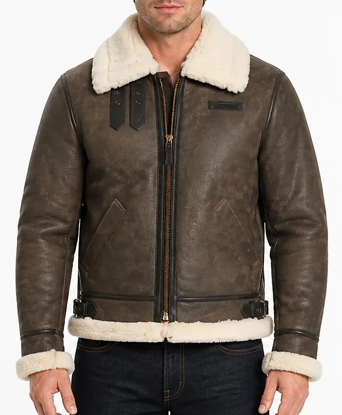 B-3 Vintage Shearling Sheepskin Leather Jacket For Brown