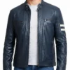 Biker Blue Leather Jacket For Mens