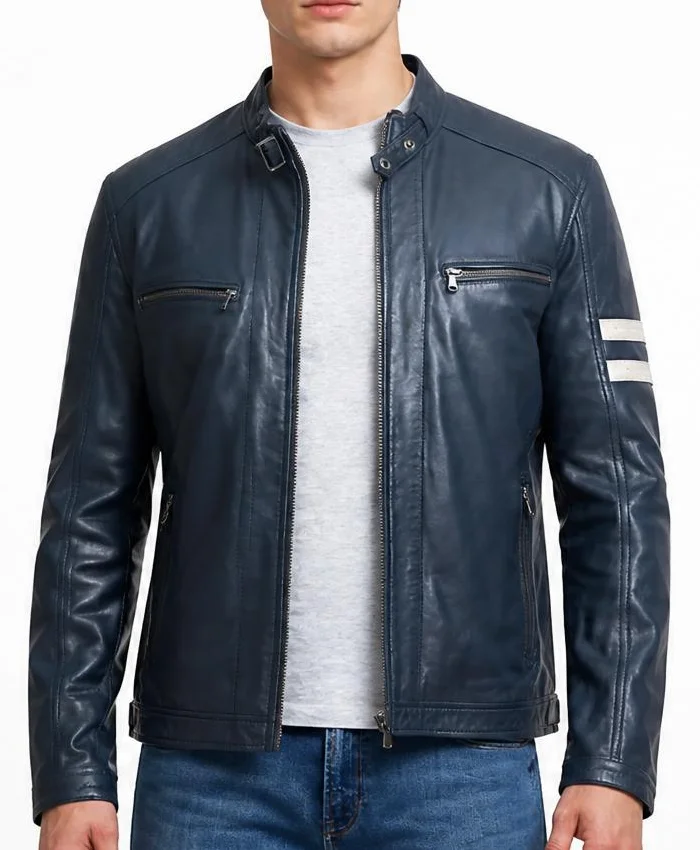 Biker Blue Leather Jacket For Mens