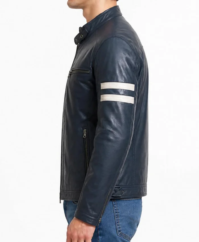 Biker Blue Leather Jacket Mens