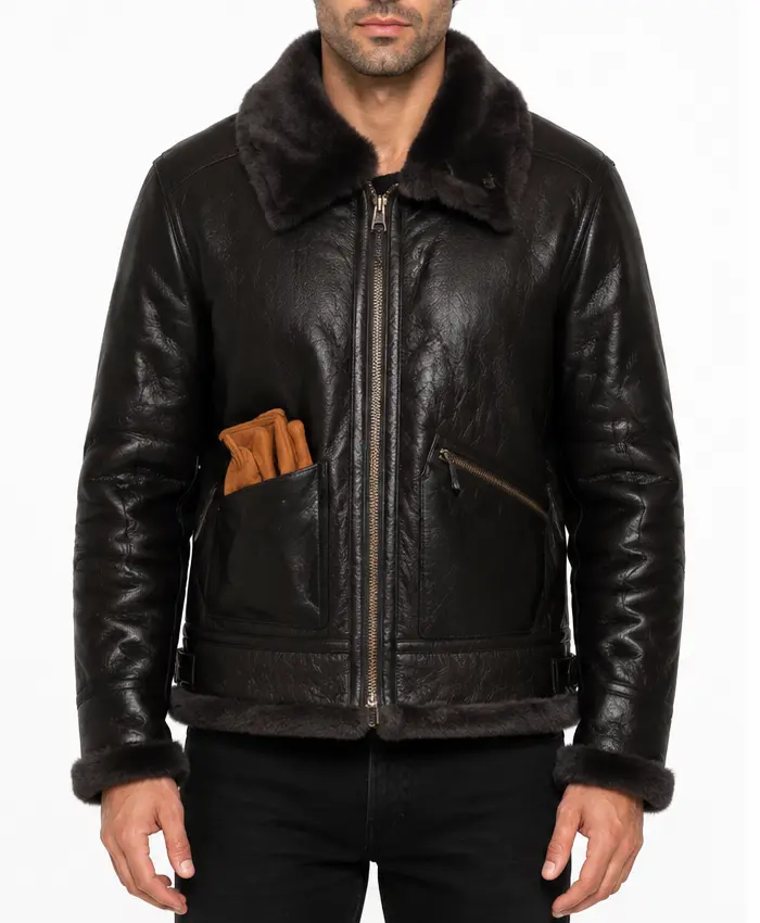 Black B-3 Shearling Fur Leather Jacket