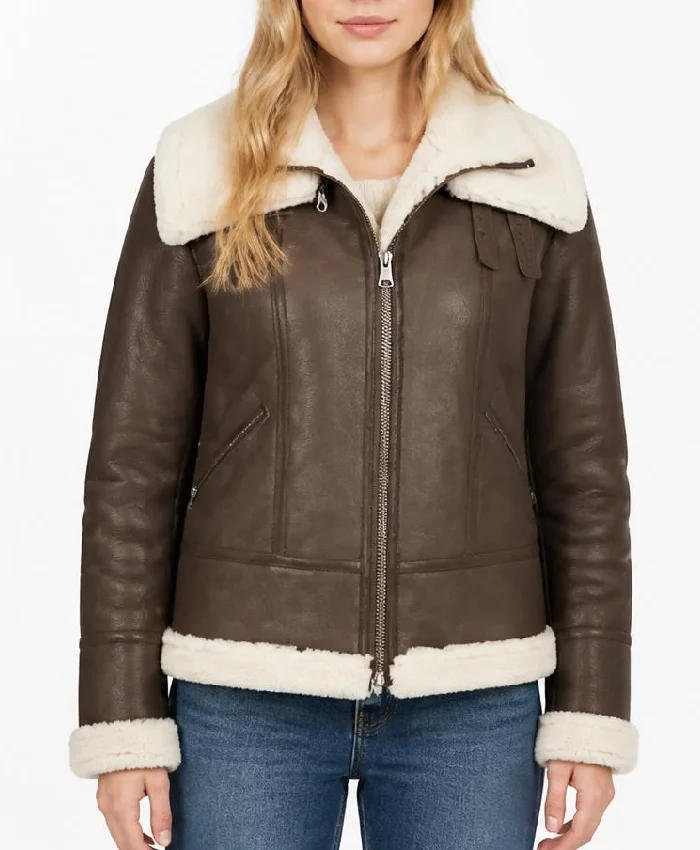 Brown Shearling Fur Leather Jacket For Women