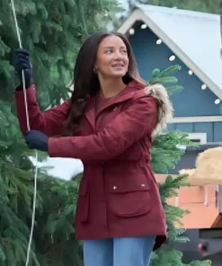Emily Christmas Under The Lights Heather Hemmens Maroon Shearling Parka Hooded Jacket For Sale