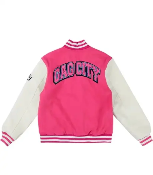 Gag City Nicki Minaj Pink And White Letterman Varsity Jacket For Men And Women