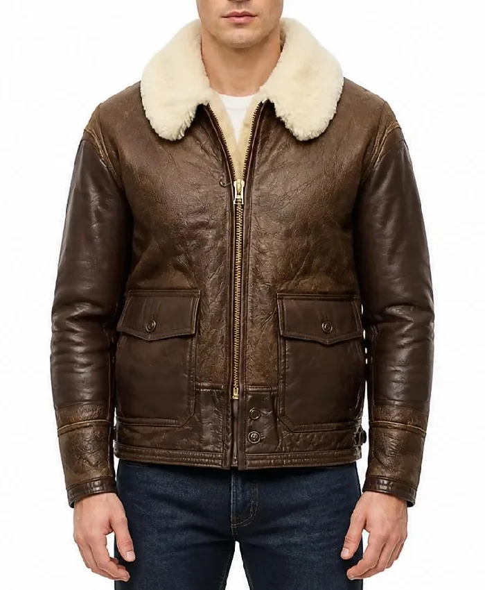 Men B-3 AN-J-4 Brown Sheepskin Leather Jacket