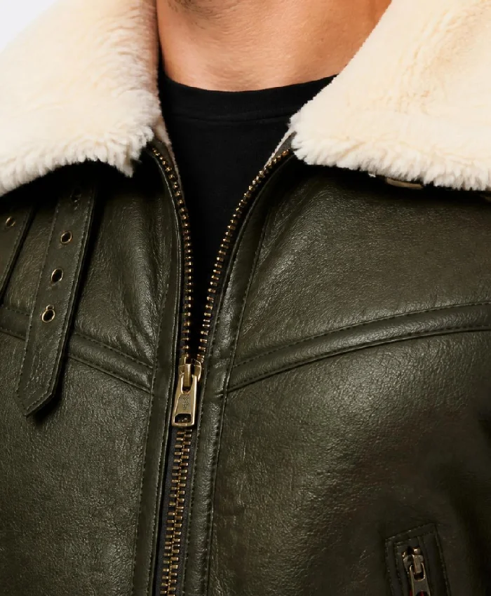 Men B-3 Army Green Shearling Leather Jacket
